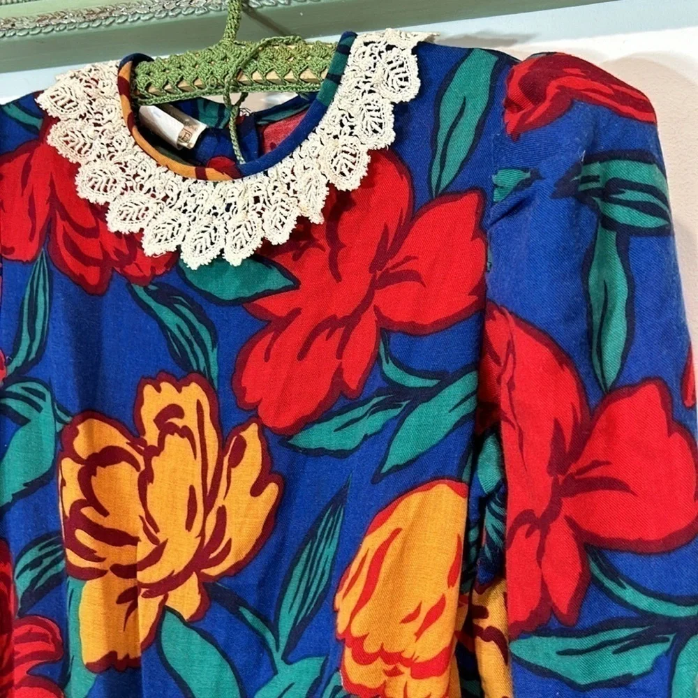 DORISSA INTERNATIONAL NICOLE DRESS VINTAGE blue FLORAL VICTORIAN  PUFF SLEEVE 10